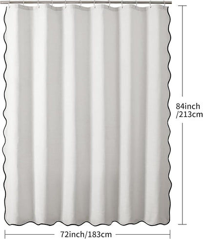 Linen Scallop Shower Curtain with 12 Clear Hooks, Waterproof, 72x84, White | Cute Washable Heavy Duty Thick Fabric with Black Border, Neutral Modern Farmhouse Boho Décor