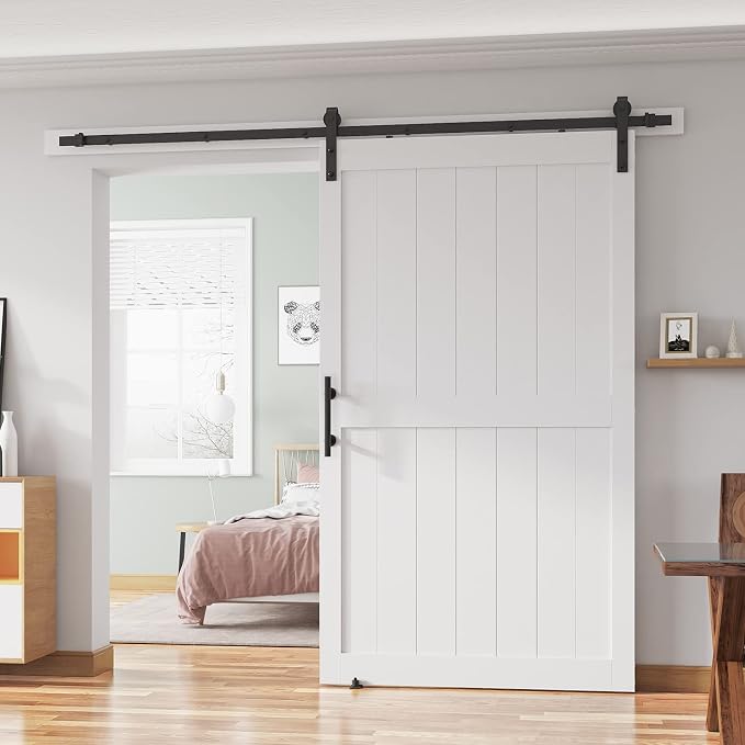 48''x84'' Sliding Barn Door with 8 Ft Barn Door Hardware Kit | Pre-Drilled Holes Easy Assembly - Include Installation Manual, Water-Proof PVC Surface, H-Frame, White
