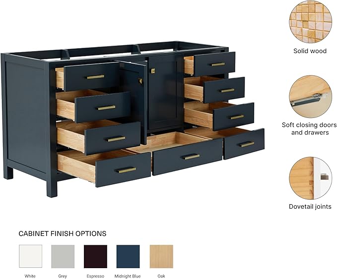 ARIEL Cambridge 66-inch Bathroom Vanity Base Cabinet,Solid Wood, 2 Soft Closing Doors, 9 Dovetail Drawers, Midnight Blue