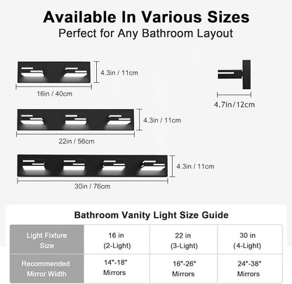 LED Modern Bathroom Vanity Light Fixtures, Dimmable Matte Black Vanity Lights for Bathroom Lighting Fixtures Over Mirror, with 360° Rotatable Acrylic Heads 2-Light 16-inch (Cool White 6000K)