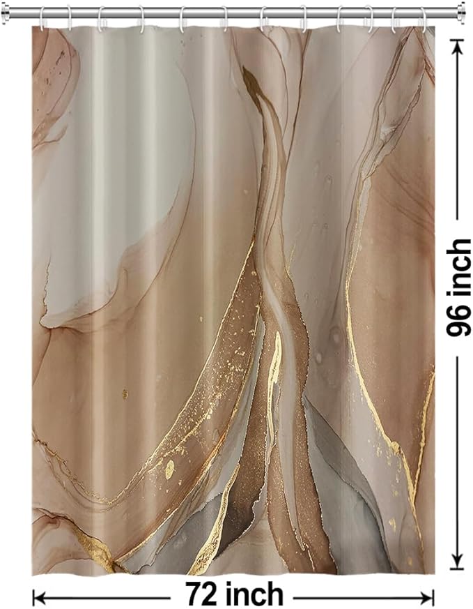 Brown Shower Curtain, Modern Brown Gold Grey Marble Shower Curtain for Bathroom Aesthetic Ink Texture Waterproof Shower Curtain Set with Hooks, 72x96 Inch