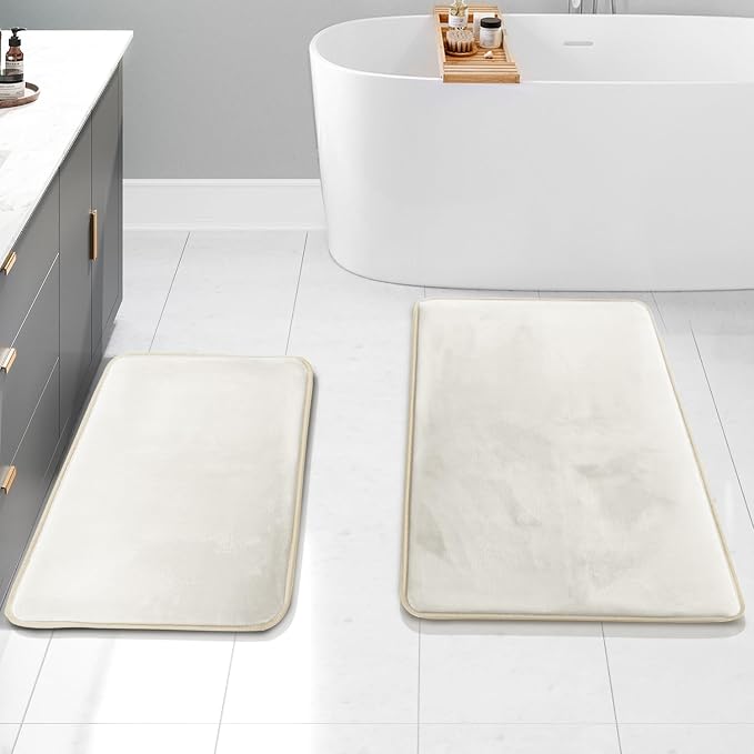 Clara Clark 2 Piece Bathroom Rugs Bath Mat Set, Velvet Memory Foam Bath Mats for Bathroom - Non-Slip, PVC Backing Bath Rugs, Washable - Dries Quickly, White