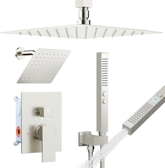Shower System Shower Faucet Set, STARBATH 12"+6" Ceiling Mount Rain Shower Head and Handheld Spray for Two Person, Rainfall Shower System with Diverter Valve and Trim Kit Complete,Brushed Nickel