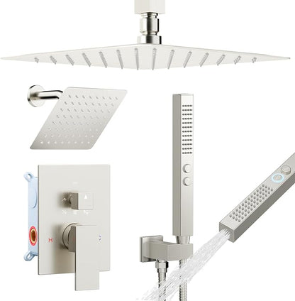 Shower System Shower Faucet Set, STARBATH 12"+6" Ceiling Mount Rain Shower Head and Handheld Spray for Two Person, Rainfall Shower System with Diverter Valve and Trim Kit Complete,Brushed Nickel