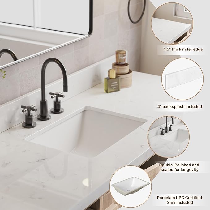 ARIEL 66 inch Bathroom Vanity top with Sink, 1.5 Inch Thick Miter Edge Carrara White Quartz top, Rectangle Single Porcelain Sink, Includes Backsplash