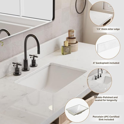 ARIEL 66 inch Bathroom Vanity top with Sink, 1.5 Inch Thick Miter Edge Carrara White Quartz top, Rectangle Single Porcelain Sink, Includes Backsplash