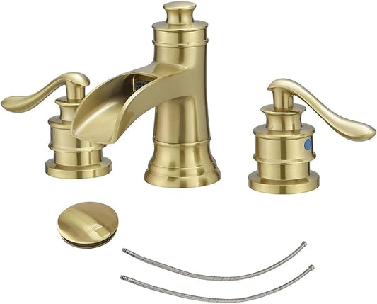 BWE Widespread Bathroom Faucet 3 Hole Brushed Gold Bathroom Sink Faucet 8 Inch Two Handles Vanity Faucet with Pop Up Drain Assembly and Supply Hose
