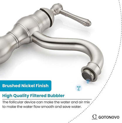 gotonovo Bathroom Faucet 1 Hole Vintage,Brushed Nickel,7.1” Spout Reach | Bathroom Sink Faucet for 1 or 3 Hole Single Handle,Deck Plate,360° Swivel Spout,Pop Up Drain,cUPC Supply Hoses,for Vanity RV