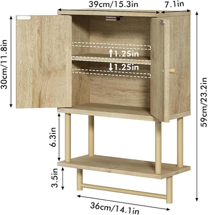 RUSTOWN Rattan Bathroom Wall Cabinet, Modern Boho Medicine Cabinet with Two Arched Rattan Doors, Over The Toilet Storage Cabinet with Adjustable Shelf and Towel Bar for Bathroom (Natural, Small)