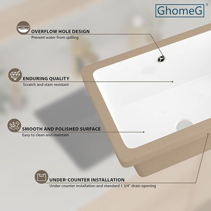 17 Inch Undermount Bathroom Sink 17"x12" White Rectangle Porcelain Ceramic Vanity Sink with Overflow, Under Counter Lavatory Basin