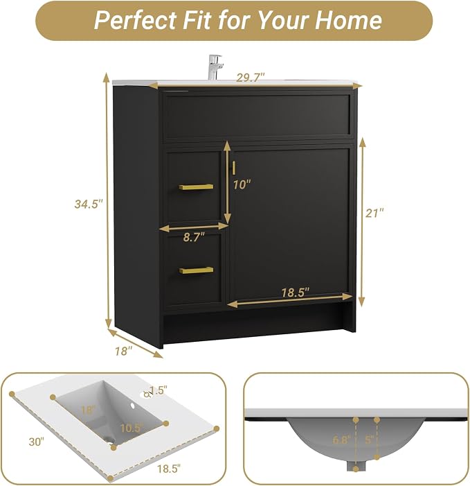 30 Inch Freestanding Bathroom Vanity with Sink, Shaker Style Black Cabinet with 2 Drawers & Single Door, Waterproof Lacquer Finish, Space-Saving for Small Bathroom & Apartment