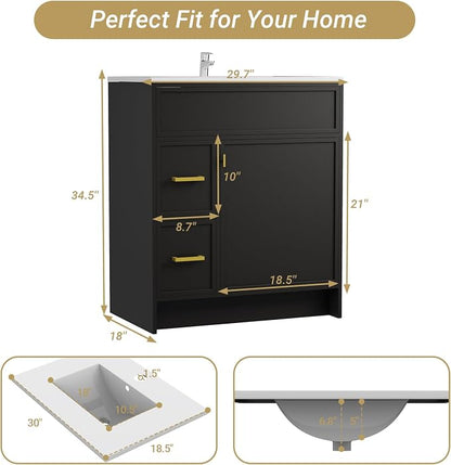 30 Inch Freestanding Bathroom Vanity with Sink, Shaker Style Black Cabinet with 2 Drawers & Single Door, Waterproof Lacquer Finish, Space-Saving for Small Bathroom & Apartment