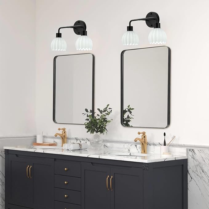 Black 2-Light Vanlity Light Over Mirror,Wall Sconces,Modern Bathroom Light Fixture with Milk White Glass Flower Shade,E26 Socket(Bulbs Not Included)