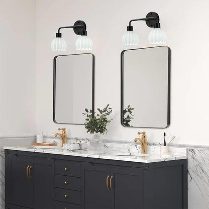 Black 2-Light Vanlity Light Over Mirror,Wall Sconces,Modern Bathroom Light Fixture with Milk White Glass Flower Shade,E26 Socket(Bulbs Not Included)