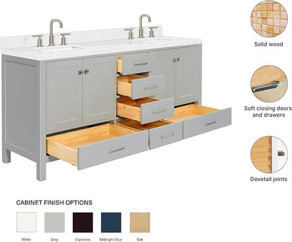 ARIEL Cambridge 72-inch Bathroom Vanity with Sink,Solid Wood, 1.5-inch Carrara White Quartz Countertop, Double Rectangular Porcelain Sink, 4 Soft Closing Doors, 6 Dovetail Drawers, Grey
