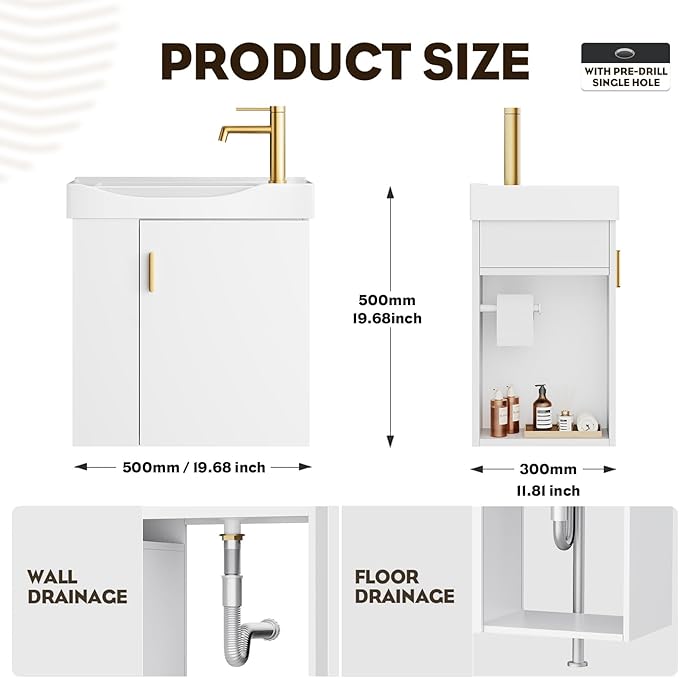 phiestina 20 Inch White Floating Small Bathroom Vanity, Pre-Assembled Wall-Mounted Cabinet with Sink, Left Side Storage, Soft-Close Door, Modern Space-Saving Design, No Faucet, BV07-20-WHITE-PLUS