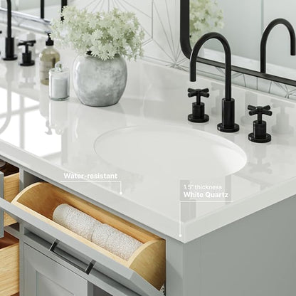 ARIEL Hepburn 66-inch Bathroom Vanity with Sink,Solid Wood, 1.5-inch Pure White Quartz Countertop & Backsplash, Double Oval Porcelain Sink, 4 Soft Closing Doors, 6 Dovetail Drawers, Grey