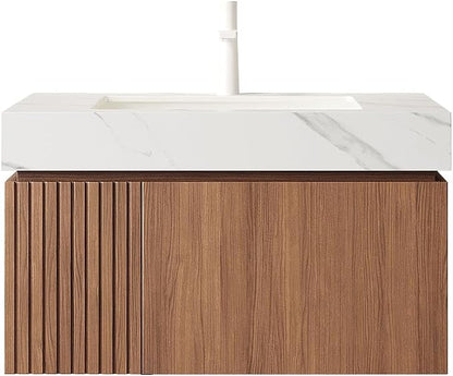 KEIKI 30 Inch Floating Bathroom Vanity with Sink, Brown Oak & White | Modern Wall Mounted Storage Cabinet w/ Drawer & Door, Pre-assembled Wood Panels, Sintered Stone Top & Ceramic Basin Combo Set