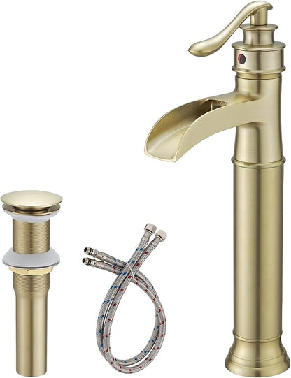 Bathroom Vessel Sink Faucet Waterfall Single Handle Single Hole | Brushed Gold,Brass,Pop Up Drain without Overflow,Supply Line,Easy to Clean,Easy Installation,Rust Resistant,Minimalist Design