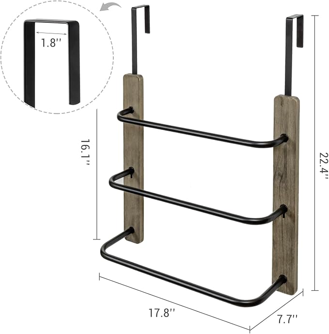 MyGift Over The Door Towel Rack for Bathroom, Vintage Gray Weathered Solid Wood 3 Tier Matte Black Metal Bars, Space Saving Hand Towel Holder, Over Shower Door Towel Drying Rack for Bath Towels