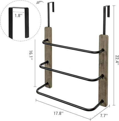 MyGift Over The Door Towel Rack for Bathroom, Vintage Gray Weathered Solid Wood 3 Tier Matte Black Metal Bars, Space Saving Hand Towel Holder, Over Shower Door Towel Drying Rack for Bath Towels