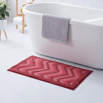 Hearth & Harbor Bathroom Rugs, Shaggy Plush Bath Mat, Ultra Soft Non Slip Backing Rubber, Chevron Design Bath Rug, Red, 20 x 32 Inch