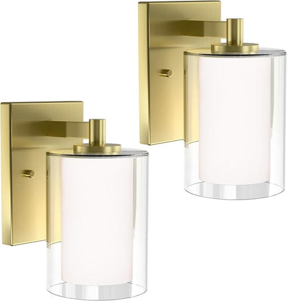 Wall Sconces Set of Two: Bathroom Sconce of 2, Gold Vanity Fixtures with Double Clear Glass Shade, E26 Base Hardwired Farmhouse Wall Lights for Bedroom Living Room Bathroom (Bulb not Included)