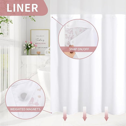 No Hook Burgundy Watercolor Floral Shower Curtain and Liner Set, 72x80 | Spring Flower Shower Curtains with Snap-in Liner for Farmhouse Bathroom Decor, Botanical Bathroom Curtain with Leaves