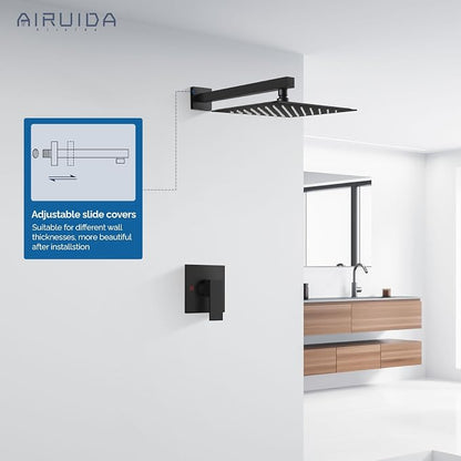 Airuida 12 Inch Matte Black Shower Faucet Set,Shower Valve Kit | Rainfall Shower Head and Handle Set,Female Thread Rough-in Valve Shower Kit,Single Function Shower System