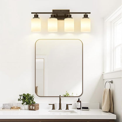 4-Light Bathroom Light Fixtures, Brown and Gold Vanity Lights with Milk Glass Shades, Modern Bathroom Wall Lamp for Mirror Living Room Bedroom Porch