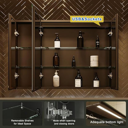 LED Lighted Bathroom Medicine Mirror Cabinet with Sockets & USBs, Anti-Fog Dimmable Light and Color Adjustment, Easy to Install Aluminum Cabinet (40 * 28 Three-Door)