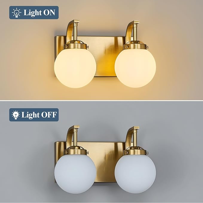 2 Lights Bathroom Vanity Light Fixtures Modern Gold Vanity Light with Milk White Glass Globe Shade Bathroom Lighting Over Mirror Wall Sconce for Bedroom Living Room Hallway