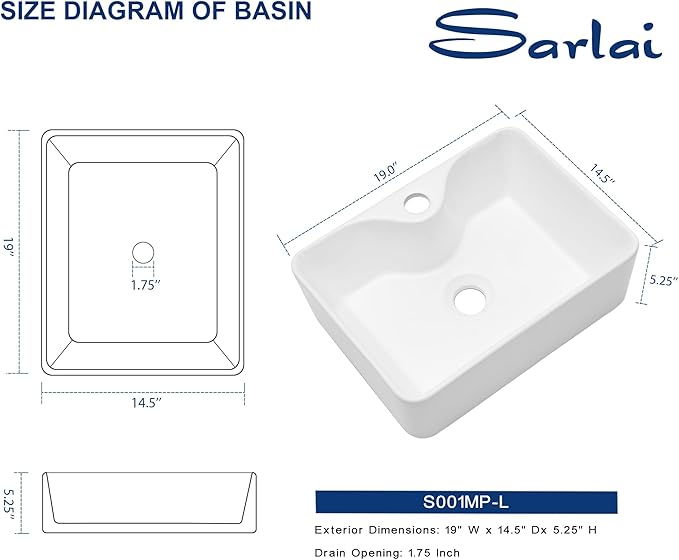 Sarlai Vessel Sink Rectangular - 19"x15" Modern Bathroom Vessel Sink Rectangle Above White Porcelain Ceramic Vessel Vanity Sink Art Basin with Faucet Hole
