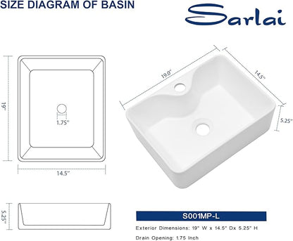 Sarlai Vessel Sink Rectangular - 19"x15" Modern Bathroom Vessel Sink Rectangle Above White Porcelain Ceramic Vessel Vanity Sink Art Basin with Faucet Hole