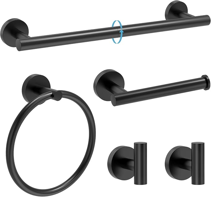 Matte Black Bathroom Accessories, Bathroom Hardware Set, SUS304 Stainless Steel Bathroom Towel Bar Set with 24 Inch Towel Holder, 2 Towel Hooks, Toilet Paper Holder, Towel Ring