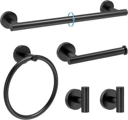 Matte Black Bathroom Accessories, Bathroom Hardware Set, SUS304 Stainless Steel Bathroom Towel Bar Set with 24 Inch Towel Holder, 2 Towel Hooks, Toilet Paper Holder, Towel Ring