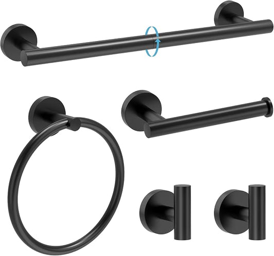 Matte Black Bathroom Accessories, Bathroom Hardware Set, SUS304 Stainless Steel Bathroom Towel Bar Set with 24 Inch Towel Holder, 2 Towel Hooks, Toilet Paper Holder, Towel Ring