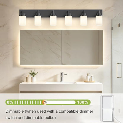 Bathroom Light Fixtures, Matte Black Bathroom Lighting Fixtures Over Mirror, Modern Vanity Light with White Glass Shade, Restroom Lighting Fixtures, 6-Light 46-inch