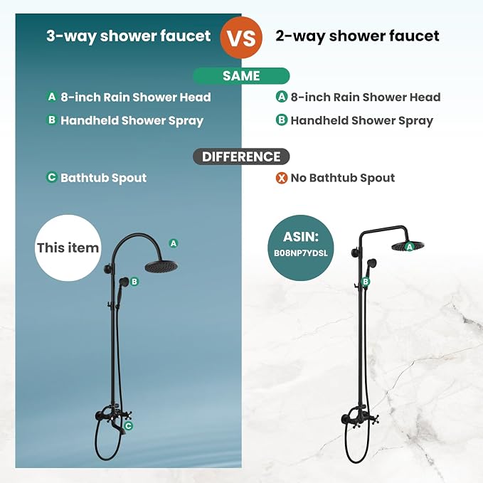 gotonovo Exposed Shower Faucet with Spout Matte Black,Curved Pipe | Brass Bathroom Exposed Shower System,8’’ Rain Head,Swivel Tub Spout 2 Cross Handle,Adjustable Handheld Sprayer,Wall Mount