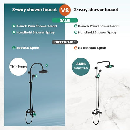gotonovo Exposed Shower Faucet with Spout Matte Black,Curved Pipe | Brass Bathroom Exposed Shower System,8’’ Rain Head,Swivel Tub Spout 2 Cross Handle,Adjustable Handheld Sprayer,Wall Mount