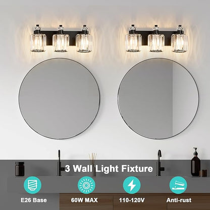 Black Bathroom Light Fixtures with K9 Crystal Lampshade Bathroom Lighting Over Mirror Vanity Lights for Living Room,Bedroom,Restroom,Hallway 3 Lights