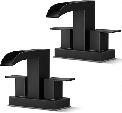 FORIOUS Square Black Bathroom Faucets for 2 Hole or 3 Hole, Waterfall 4 Inch Centerset Bathroom Sink Faucet with Metal Pop-up Drain and Supply Lines, Two Handles for Vanity, Laundry Room, 2 Pack