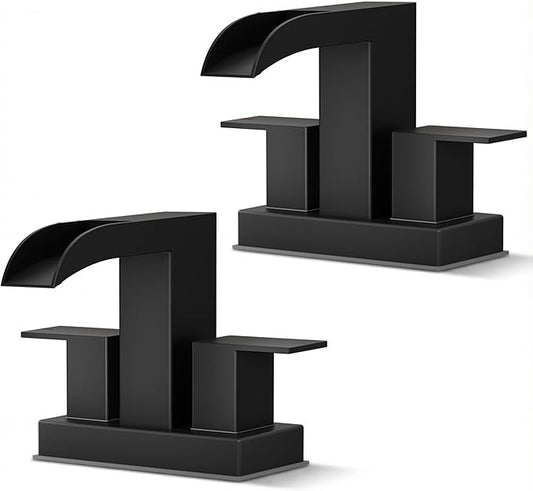 FORIOUS Square Black Bathroom Faucets for 2 Hole or 3 Hole, Waterfall 4 Inch Centerset Bathroom Sink Faucet with Metal Pop-up Drain and Supply Lines, Two Handles for Vanity, Laundry Room, 2 Pack