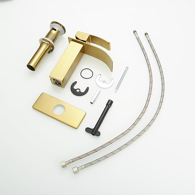 BWE Brushed Gold Bathroom Faucet Modern Waterfall Single Hole Faucet for Bathroom Sink Single Handle with Pop Up Drain with Overflow Assembly and Supply Line Lavatory Bath Faucet