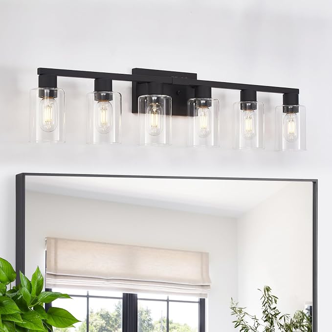Black Bathroom Light Fixtures, 6-Light Bathroom Lighting Fixtures Over Mirror with Clear Glass Shade, Matte Black Vanity Lights, 6 Light Count Large Vanity Light Fixture for Bath, Mirror,Wall Sconce