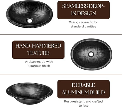 Monarch Abode Bathroom Sink – 17-Inch Oval Drop In Bathroom Sink, Top Mount Hand Hammered Matte Black Vanity Sinks for Countertop, Powder Room, Guest Bath or Restroom, Drop in Sinks for Bathrooms