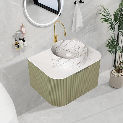 LKTART 24 Inch Floating Bathroom Vanity with Sink, Modern Wall Mounted Bathroom Storage Cabinet with Drawer, Stone Pattern Round White Ceramic Sink Top and Marble Texture Top, Green