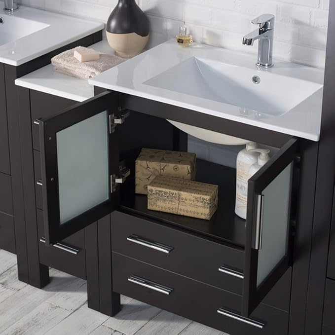 Blossom 102" Double Bathroom Vanity Set with 2 Linen Towers & Side Cabinet - Solid Wood Master Suite Furniture - Espresso Finish, Dual Ceramic Sinks, Soft-Close Storage - High-End Modular Collection