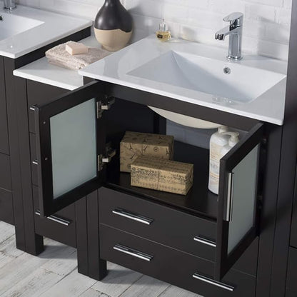Blossom 102" Double Bathroom Vanity Set with 2 Linen Towers & Side Cabinet - Solid Wood Master Suite Furniture - Espresso Finish, Dual Ceramic Sinks, Soft-Close Storage - High-End Modular Collection