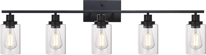MELUCEE 40 Inches Length 5-Light Bathroom Vanity Light Fixtures Black | Industrial Wall Sconce Lighting with Clear Glass Shade for Living Room Bedroom Hallway Kitchen (Patent No.: US D963914 S)
